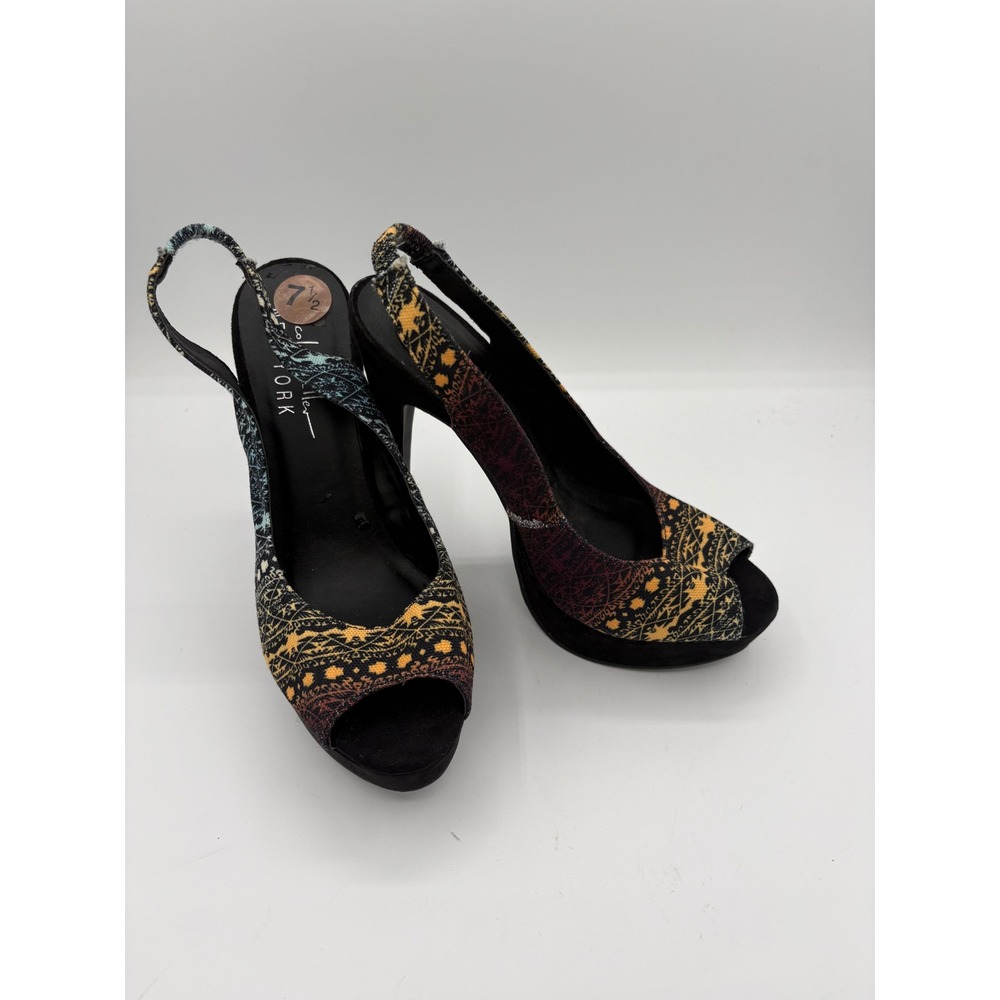 Nicole Miller New York Womens 7.5 Multi Color Tapestry Platform Slingback Heels